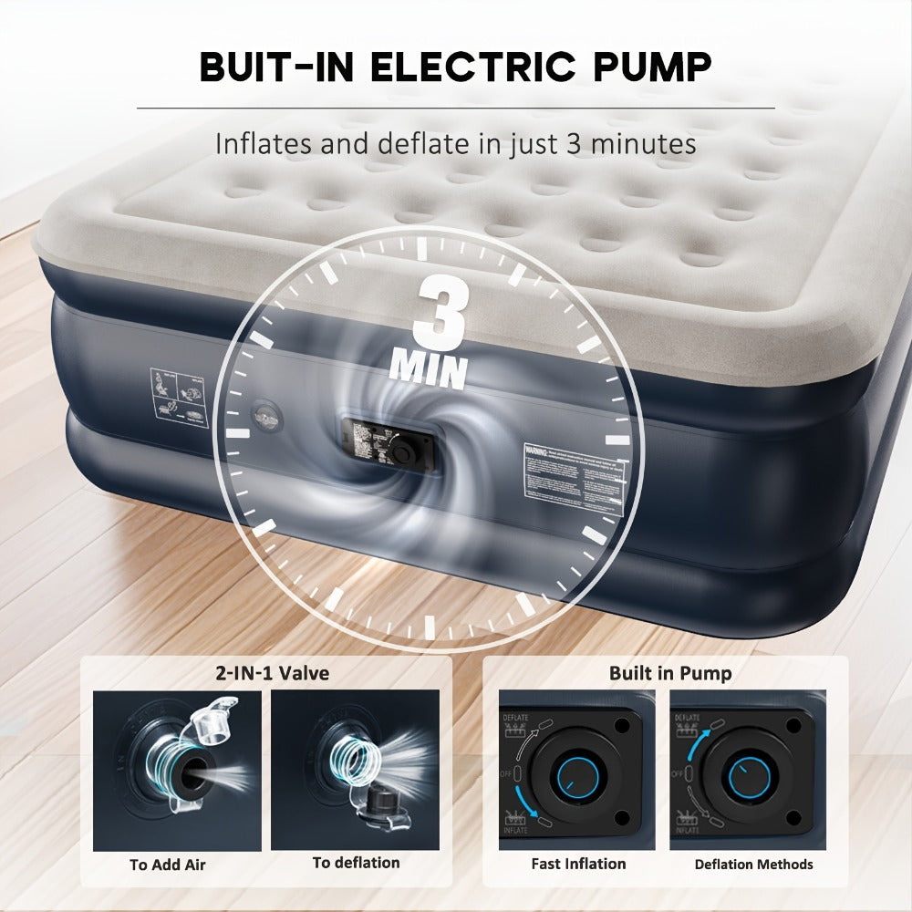 Air Mattress with Built-In Pump – 18'' Self-Inflating Portable Air Bed for Home, Camping & Travel, Twin Full Queen, Includes Carry Bag