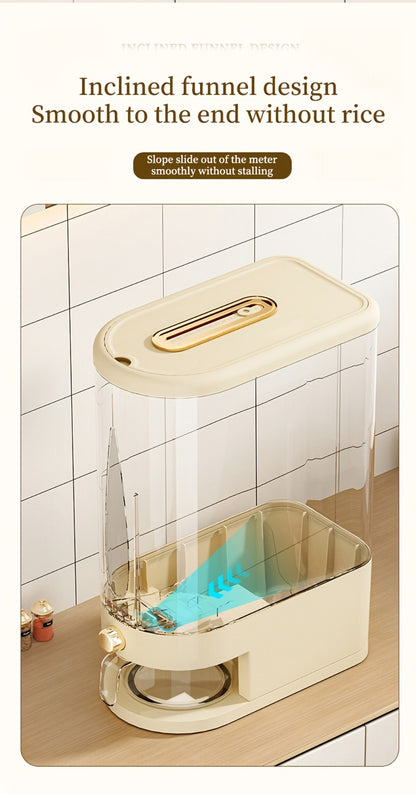 Rice Dispenser Storage Container Press Type Measuring Cup Moisture-Proof Sealed Grain Bin - Large Capacity Airtight Rice Storage Box for Rice Coffee Beans Flour Legumes Pet Food Kitchen Pantry Organizer