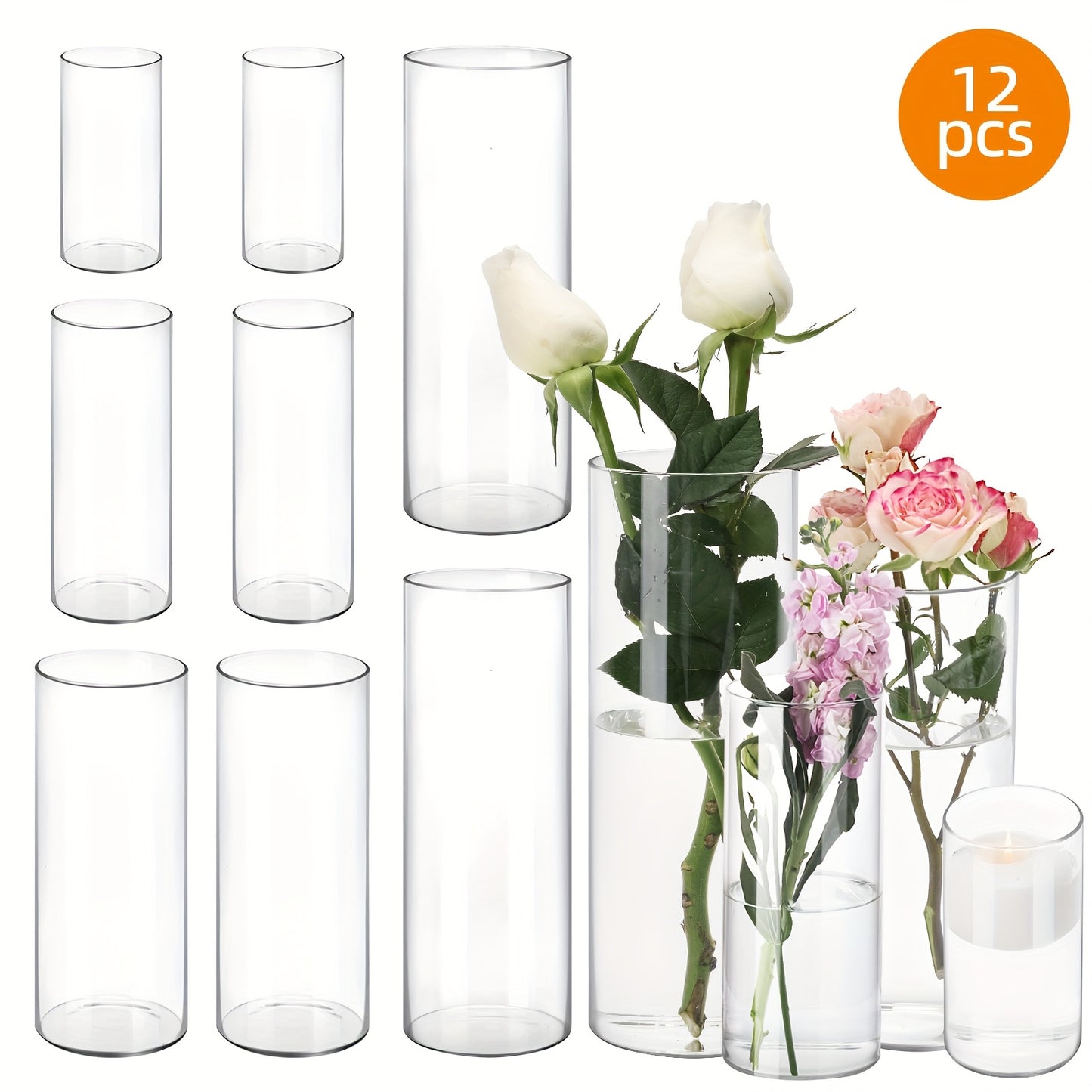 Clear Glass Cylinder Candle Holder Vases 12/24/36/48 Pcs | 4 6 8 10 Inch Tall Hurricane Floating Candle Vase | Wedding Centerpiece Table Decor | Party Home Shelf Decoration Glass Vase Bulk Set