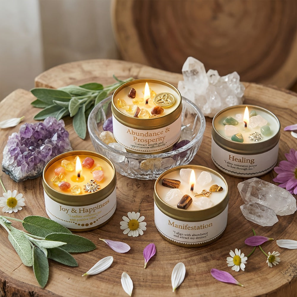 Manifestation Candles Scented Soy Wax with Golden Crystal – Law of Attraction Abundance Candle for Meditation, Yoga & Focus | Spiritual Gift for Women with Guidance Card | Christmas, Birthday, New Year