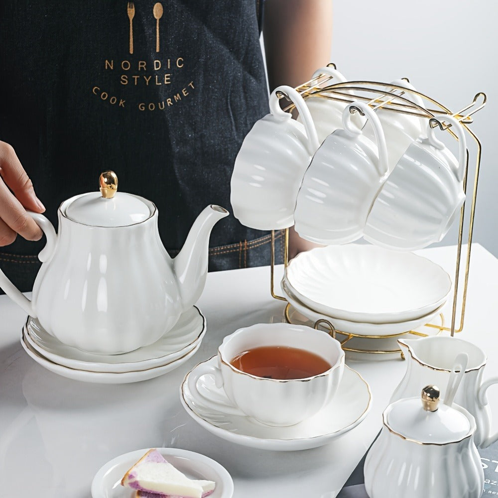Porcelain Tea Set for 6 - 22 Piece British Royal Floral Service with Teapot, Cups & Saucers, Sugar Bowl, Cream Pitcher & Tea Strainer