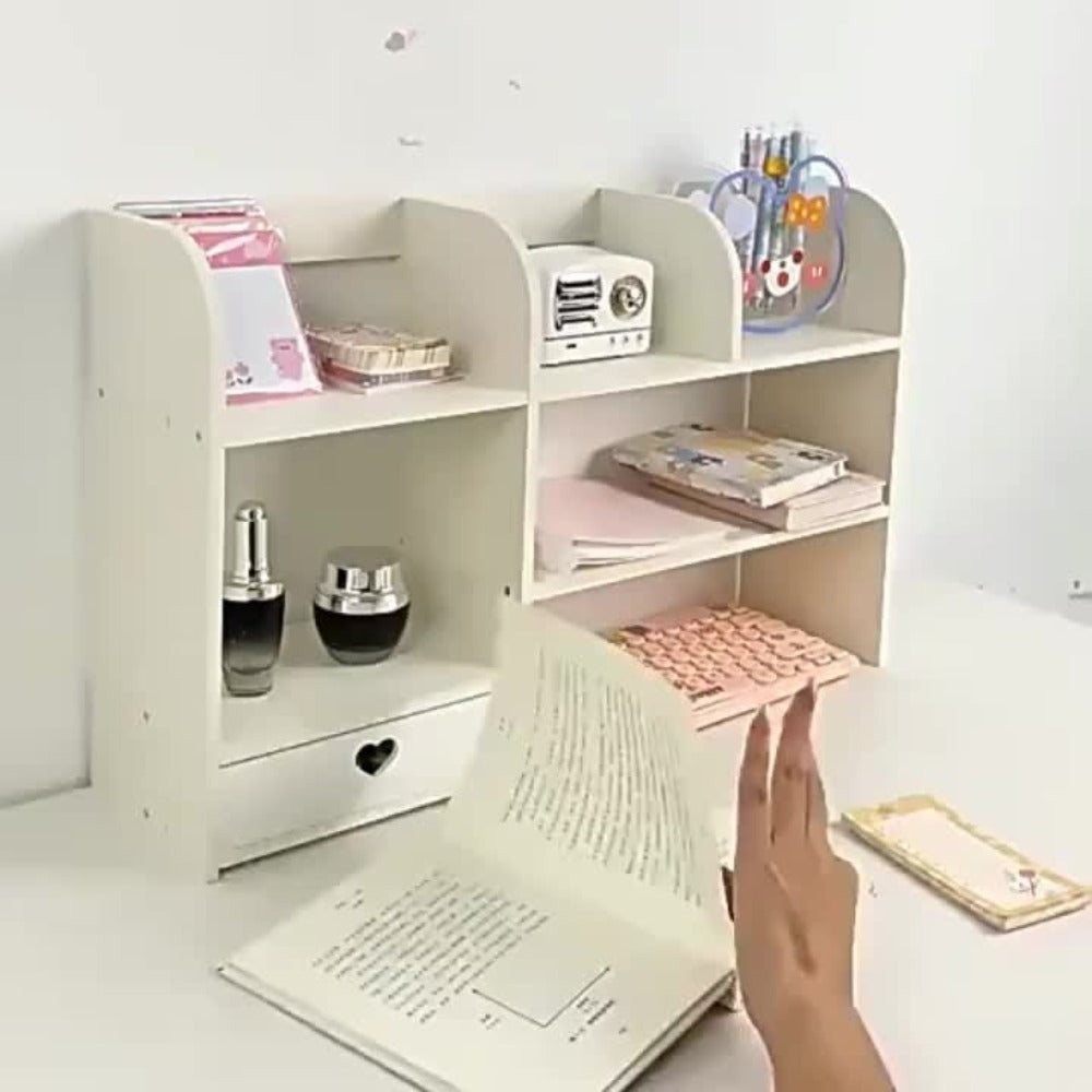 Desktop Organizer Double Layer Desk Shelf – 2-Tier Storage Rack for Office Supplies, Stationery, Cosmetics | Space-Saving Bookshelf for Bedroom, Dorm, Home Office, Waterproof Wood-Plastic