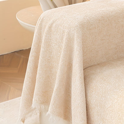 Chenille Sofa Cover with Fringe 300GSM - Super Soft Pet Friendly Solid Couch Slipcover for Single 2 4 Seater Living Room Decoration, 4 Colors