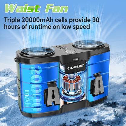 Portable Waist Fan 20000mAh – Dual Vent 7W Brushless Motor, 10 Speed Levels, 4 Wearing Modes, LED Digital Display, USB-C Charging, Wearable Neck & Waist Cooling Fan for Outdoor Camping Hiking Fishing
