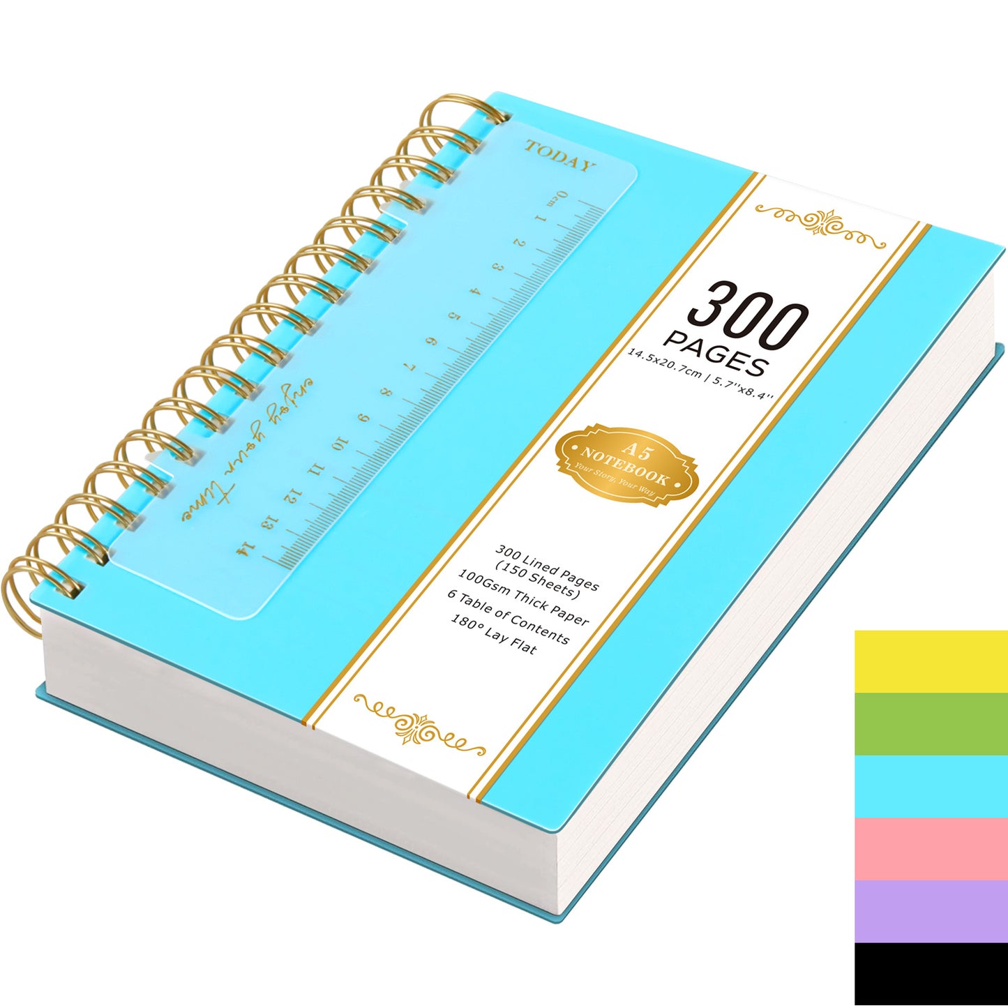 Hardcover Spiral Notebook A5 Lined Journal 300 Pages 100GSM Thick Paper PVC Waterproof Cover College Ruled Note Pad for Women Men Office School 5.7x8.4 Inch