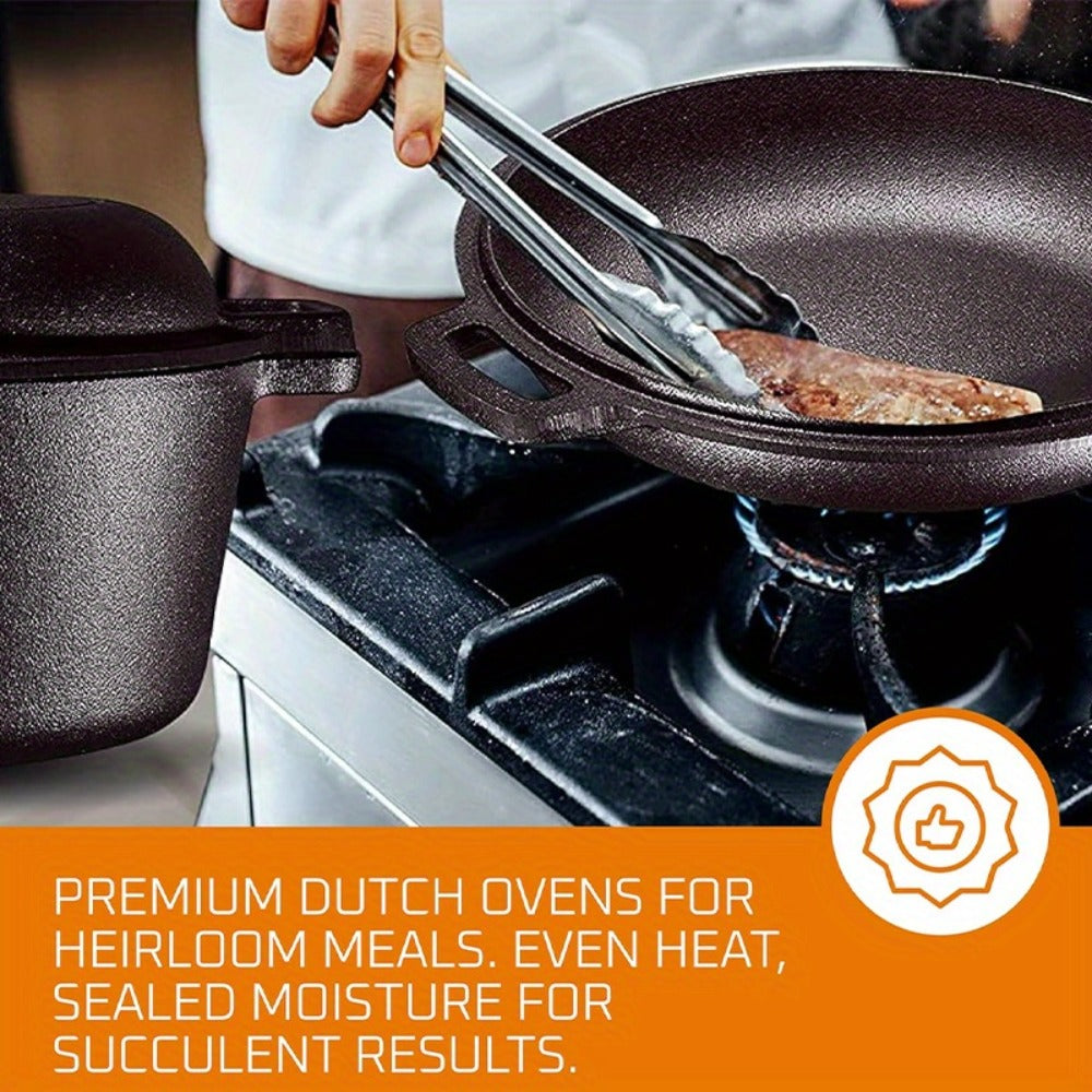 Cast Iron Dutch Oven Set – 6.1QT Deep Pot + 1.9QT Frying Pot, 2-in-1 Cookware with Silicone Handles, Iron Frame & Scraper, Oven, Stovetop, Induction & BBQ Compatible, 6-Pack Bundle