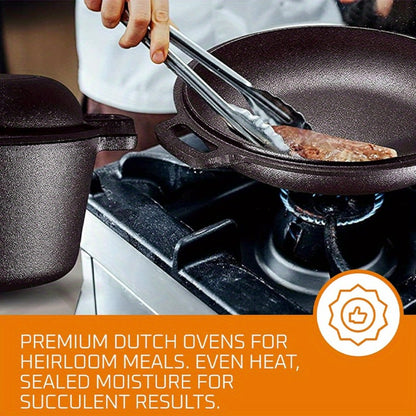 Cast Iron Dutch Oven Set – 6.1QT Deep Pot + 1.9QT Frying Pot, 2-in-1 Cookware with Silicone Handles, Iron Frame & Scraper, Oven, Stovetop, Induction & BBQ Compatible, 6-Pack Bundle