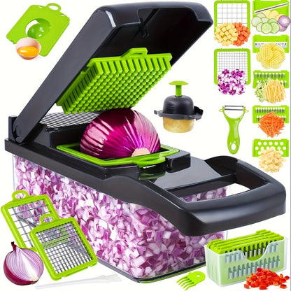 Vegetable Chopper 16-in-1 Manual Food Chopper Set – 8 Interchangeable Blades with Container, Grater & Strainer – Professional Onion Slicer & Dicer for Carrots, Garlic & Salad Kitchen Prep