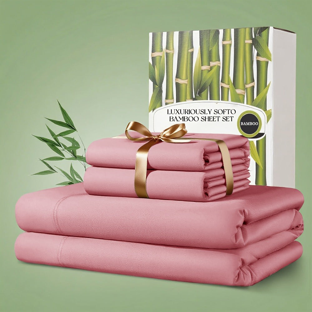 Bamboo Bed Sheet Set 4pcs 2200TC Deep Pocket Cooling Fitted Sheets – Ultra Soft, Breathable, Shrink & Wrinkle Resistant