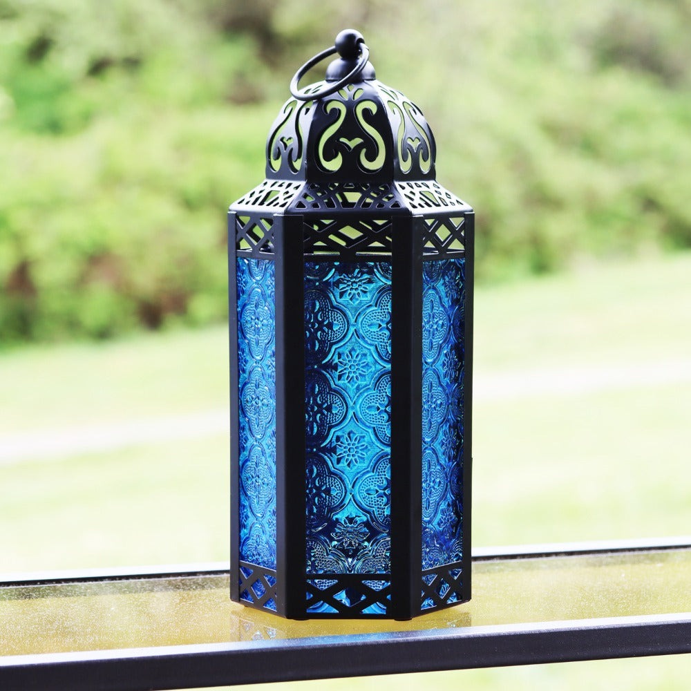 Moroccan Candle Lantern Holder - Decorative Metal & Glass Lantern with Embossed Floral Design for Indoor Home Decor, Garden, Patio, Weddings, Ramadan, Halloween & Holiday Celebrations - 10.5" Tall Medium Size