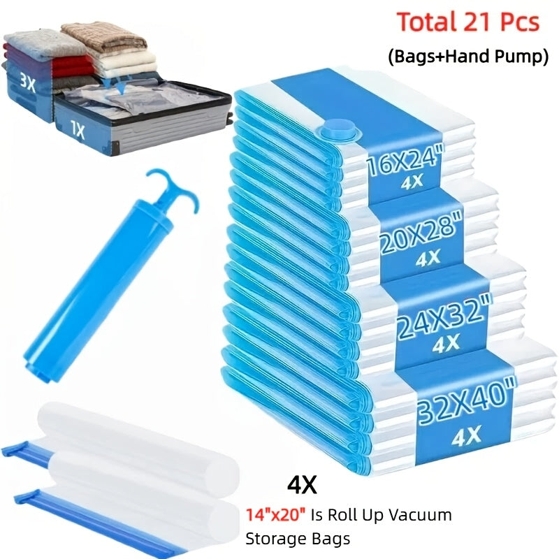 Vacuum Storage Bags with Air Pump, 20-21 Pack Reusable Compression Bags for Clothes, Quilts & Blankets — 4 Sizes Space-Saving Storage for Travel, Moving & Organizing | Transparent