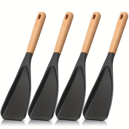 Silicone Kitchen Utensil Set 2/4 Pcs – 12-Inch Wood Handle Cooking Tools with Stay-Cool Grip for Frying, Baking, Mixing & Serving, Non-Stick Cookware Safe Spatula & Spoon Kit