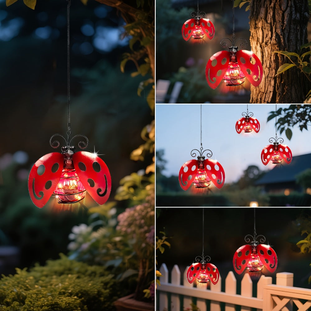 Solar Hanging Ornament Lights Ladybug & Butterfly – Waterproof Indoor Outdoor Decorative Garden Light with Spring Clips for Patio, Balcony, Porch & Trail, 5.5x2.5in
