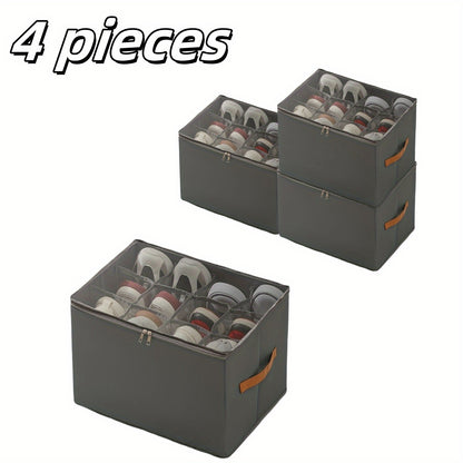 Oxford Fabric Shoe Storage Organizer with Adjustable Dividers, Transparent Lid & Handles – Holds 12 Pairs, Foldable, Zippered Dustproof, 2 or 4 Pack
