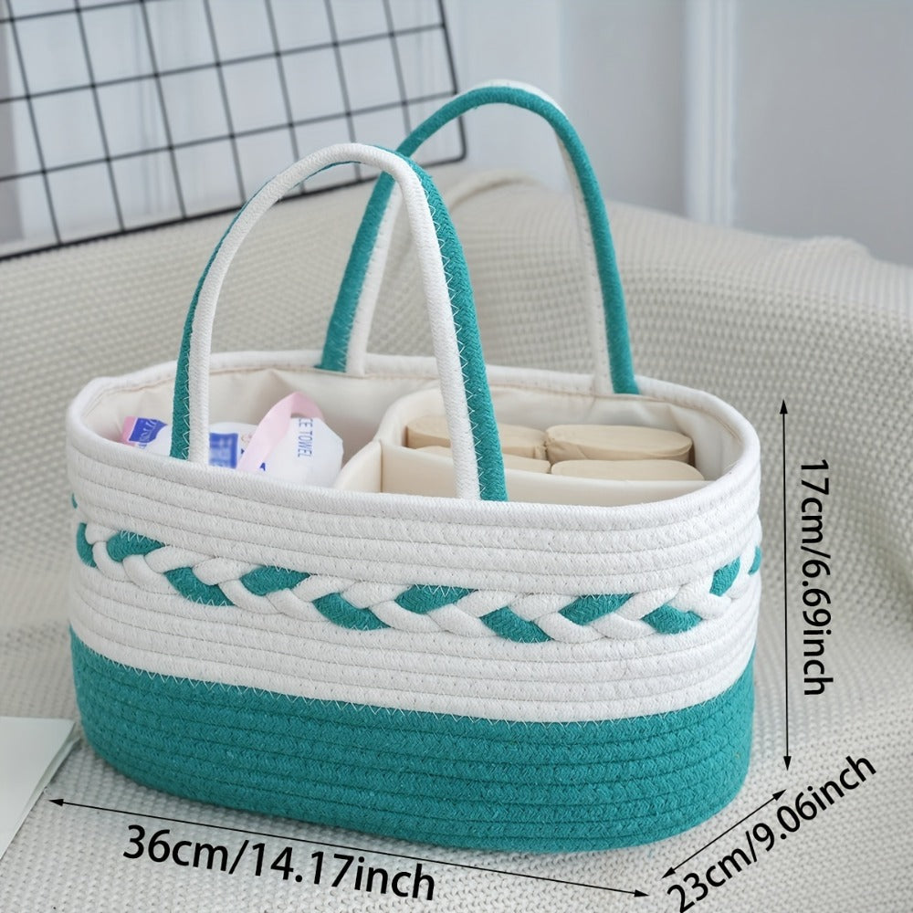 Boho Rope Storage Basket Woven Foldable Organizer 14" Large Capacity - Removable Lining Striped Shelf Basket with Handle for Home Bedroom Living Room Laundry Decor