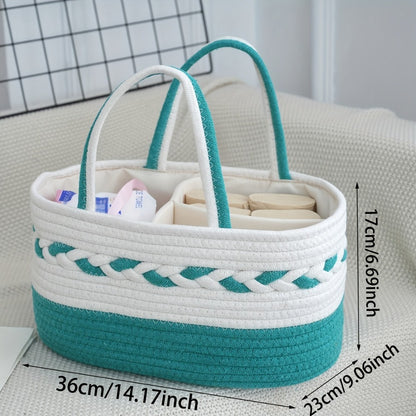 Boho Rope Storage Basket Woven Foldable Organizer 14" Large Capacity - Removable Lining Striped Shelf Basket with Handle for Home Bedroom Living Room Laundry Decor
