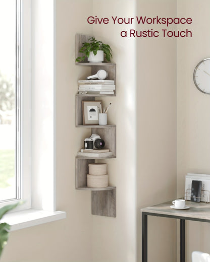 Corner Floating Shelf 5-Tier Wall Mount, Space Saving Storage Rack for Bedroom Living Room, Radial Display Organizer, Easy Install, 7.9"×7.9"×49.6", Black White Brown Greige Beige