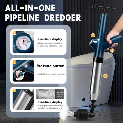 Toilet Plunger Set High Pressure Air Drain Unclogger - Stainless Steel Toilet Snake & Air Discharge Impactor for Clogged Toilet, Kitchen Sink, Bathroom Drain & Pipe Blockage Removal