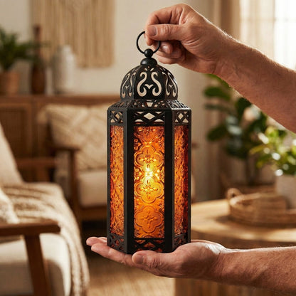 Moroccan Candle Lantern Holder - Decorative Metal & Glass Lantern with Embossed Floral Design for Indoor Home Decor, Garden, Patio, Weddings, Ramadan, Halloween & Holiday Celebrations - 10.5" Tall Medium Size