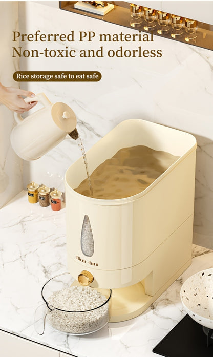 Rice Dispenser Storage Container Press Type Measuring Cup Moisture-Proof Sealed Grain Bin - Large Capacity Airtight Rice Storage Box for Rice Coffee Beans Flour Legumes Pet Food Kitchen Pantry Organizer