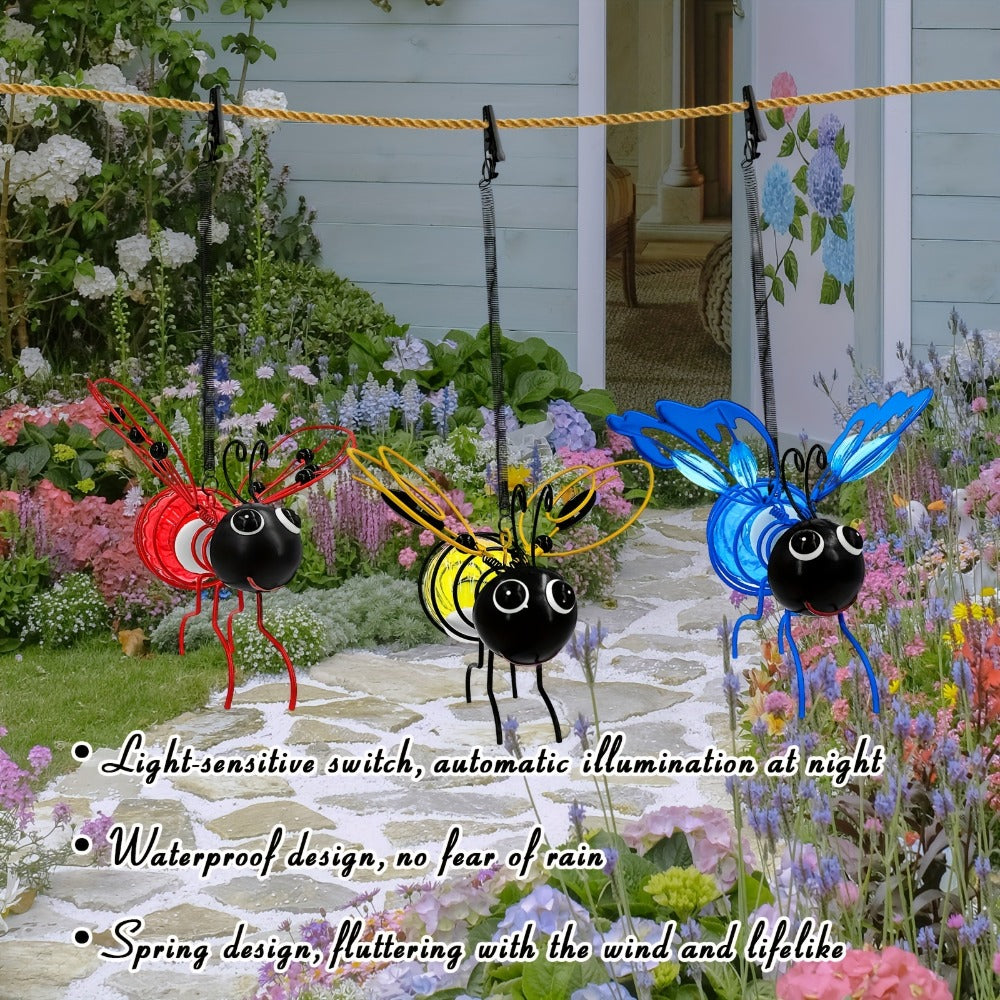 Solar Hanging Bee & Ladybug Lights Set of 3, Metal Decorative Solar Garden Lights — Outdoor Hanging Decor for Balcony, Garden, Living Room & Flower Shop | Red, Yellow & Blue