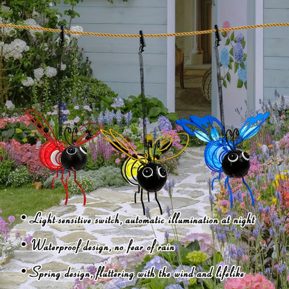 Solar Hanging Bee & Ladybug Lights Set of 3, Metal Decorative Solar Garden Lights — Outdoor Hanging Decor for Balcony, Garden, Living Room & Flower Shop | Red, Yellow & Blue