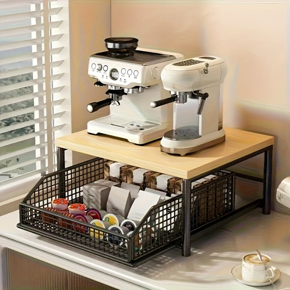 2-Tier Kitchen Countertop Organizer with Drawer & Wire Basket – Hardwood & Metal Storage Shelf for Coffee Maker, Utensils & Spices