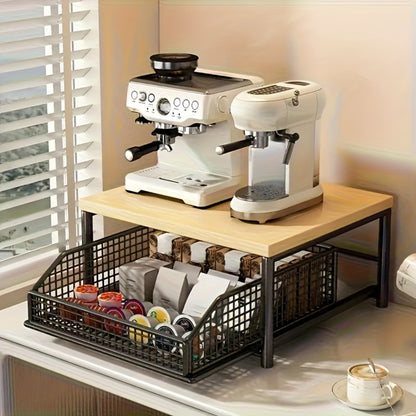2-Tier Kitchen Countertop Organizer with Drawer & Wire Basket – Hardwood & Metal Storage Shelf for Coffee Maker, Utensils & Spices