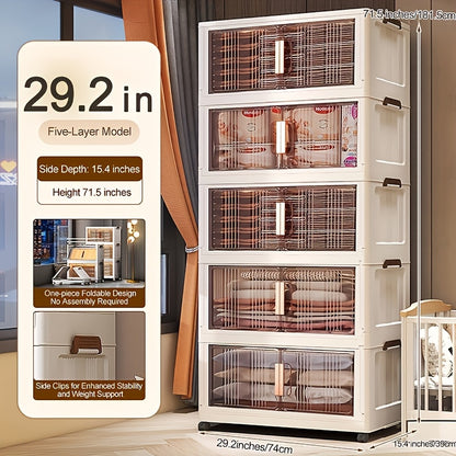 Folding Storage Cabinet with Wheels, 3/4/5-Tier Stackable Plastic Storage Bins with Lids & Magnetic Doors, Foldable Large Organizer with 360° Lockable Wheels for Home Office Kitchen Bathroom Garage