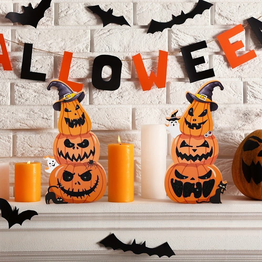 Halloween Tiered Tray Decor Set of 2 – Glittery Wooden Pumpkin Stack with Witch Hat, Spooky Centerpiece for Autumn & Fall Home Decoration, Halloween Tabletop Ornament & Seasonal Tiered Tray Accessory