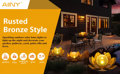 Solar Lotus Cracked Glass Ball Garden Lamp 2pcs – Waterproof Metal Cracked Ball Solar Light for Outdoor & Indoor Decoration | Garden, Balcony, Dining Table & Living Room Decor | Father’s Day Gift
