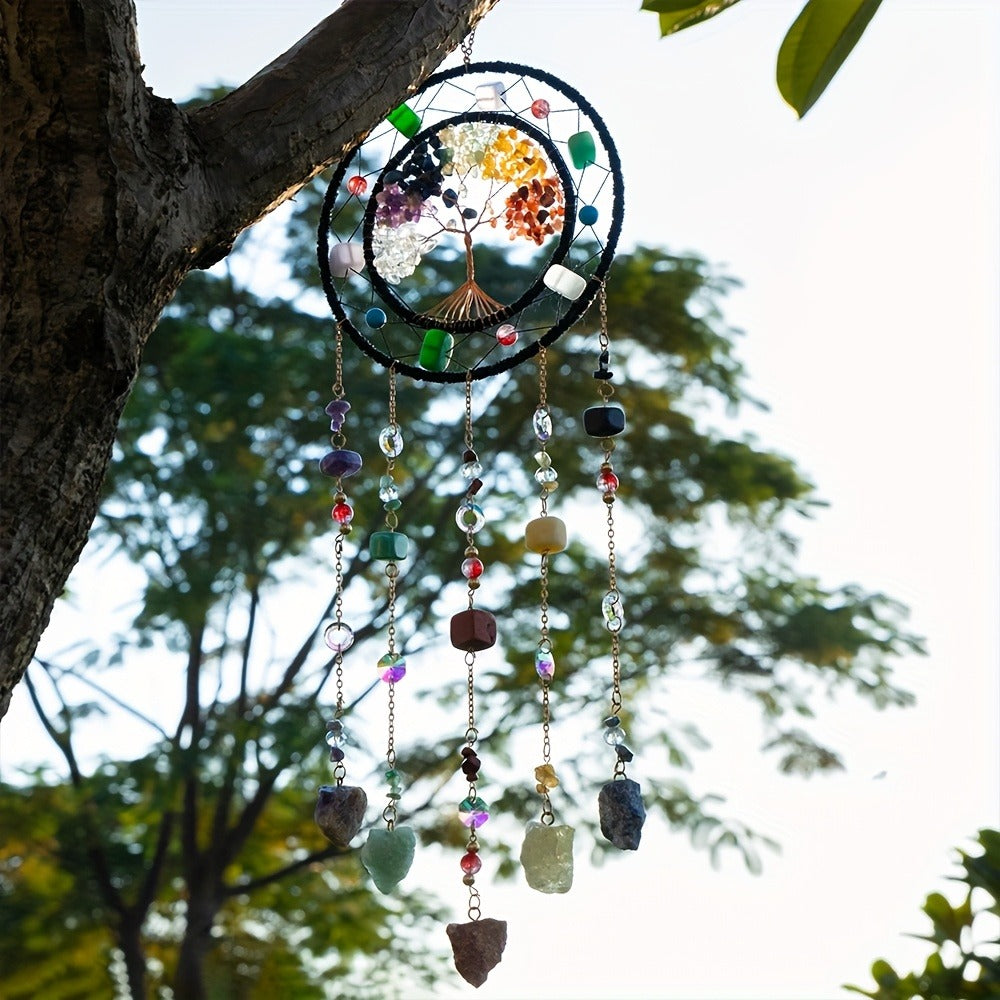 Crystal Wind Chime Suncatcher with Life Tree Pendant - Handmade Bohemian Shattered Stone Woven Hanging Decor for Outdoor Garden Window Porch, Christmas Wedding Birthday New Year Gift