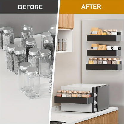 Magnetic Spice Rack for Refrigerator Wall Mounted Large Capacity Spice Organizer - Multifunctional Kitchen Storage Rack with Polished Finish, Easy Clean, Space Saving Fridge Spice Holder Black White