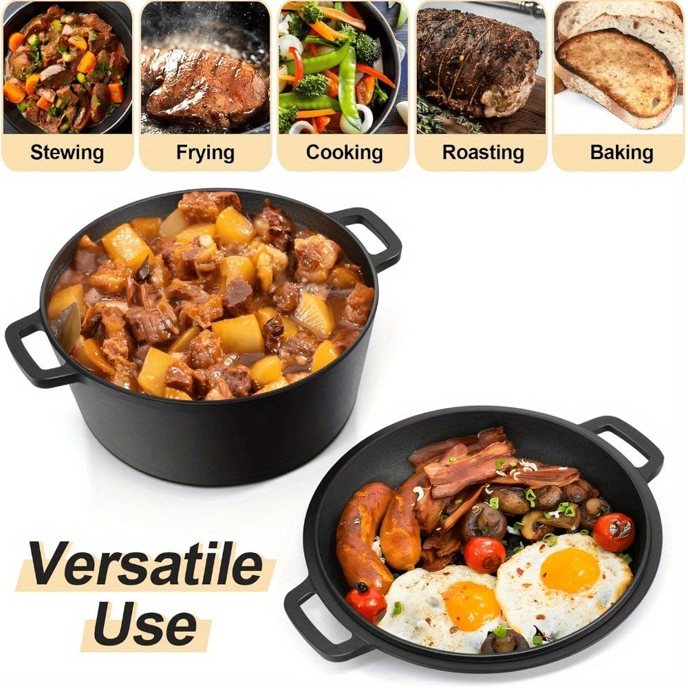 Cast Iron Dutch Oven 5 Quart Pre-Seasoned with Skillet Lid | 2-in-1 Non-Stick Crock Pot with Handles for Braising, Roasting & Casserole – All-in-One Cookware, Black