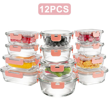 Glass Food Storage Containers with Lids Set of 12, Airtight Leak-Proof Meal Prep Containers, Microwave Oven Freezer Dishwasher Safe Bento Boxes for Pantry Kitchen Organization