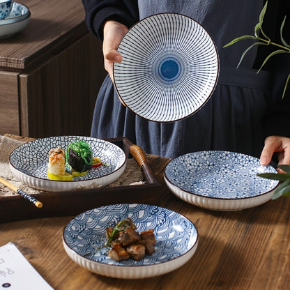 Blue White Ceramic Plates Set of 4 Round Shallow Serving Plates for Pasta Salad Bread Desserts - Holiday Dinnerware for Christmas Easter Thanksgiving Table Settings, Easy to Clean Dishwasher Safe