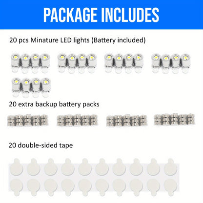 Mini Spotlight Battery Operated LED 20 Pack - Cordless Miniature Spot Lights for Artwork, Paintings, Jewelry, Display Cases, Handicrafts, Models & Puzzles (Green / Red / RGB / Blue)