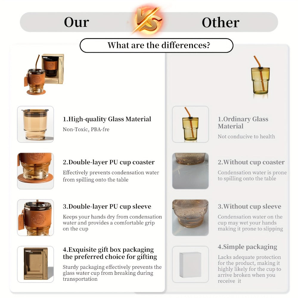 Glass Coffee Cup with Straw 14 Oz – BPA-Free Glass Travel Mug & Water Bottle for Men & Women – Tumbler for Coffee, Juice & Office Use – Easy to Clean – Brown & Dark Green