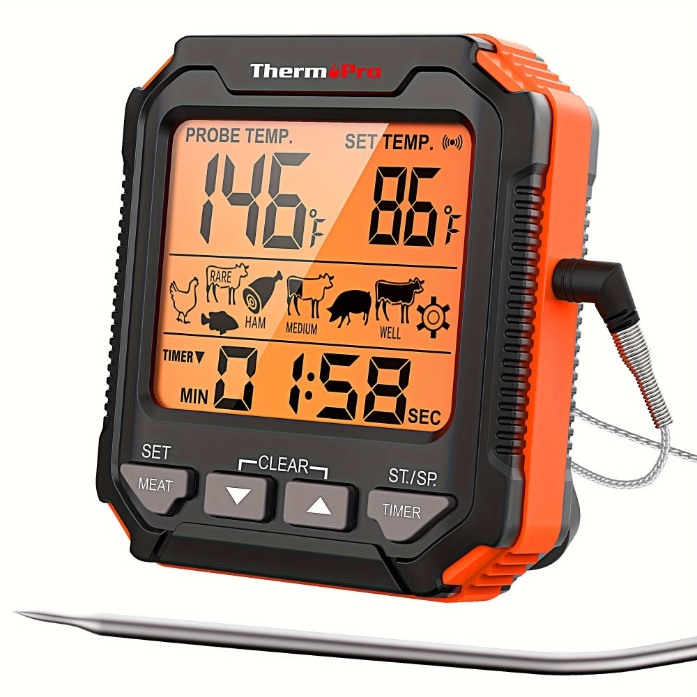 Digital Meat Thermometer with Probe Backlit Display Temp Alert for BBQ Smoker Oven Cooking - 6 Meat Presets 3 Doneness Levels Wide Range 14°F to 572°F Countdown Timer Kitchen Cooking Thermometer