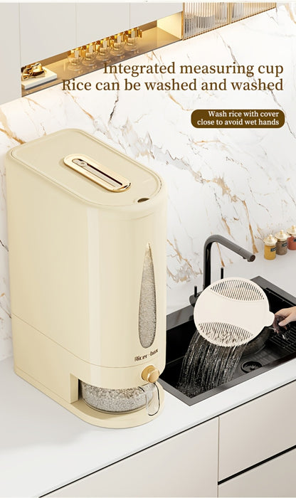 Rice Dispenser Storage Container Press Type Measuring Cup Moisture-Proof Sealed Grain Bin - Large Capacity Airtight Rice Storage Box for Rice Coffee Beans Flour Legumes Pet Food Kitchen Pantry Organizer