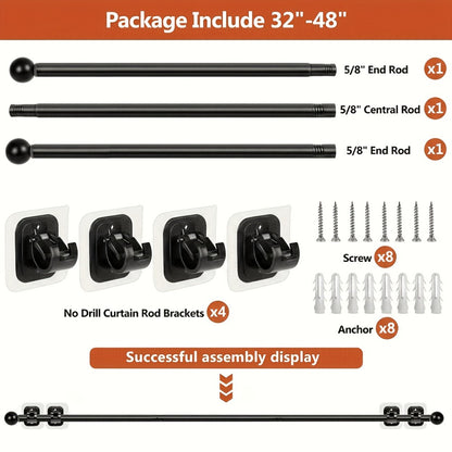 No-Drill Curtain Rod Set with Adhesive Brackets Renter Friendly 5/8 Inch Adjustable Window Drapery Pole for Bedroom Living Room Apartment Dorm Black Gold White 32-128 Inch