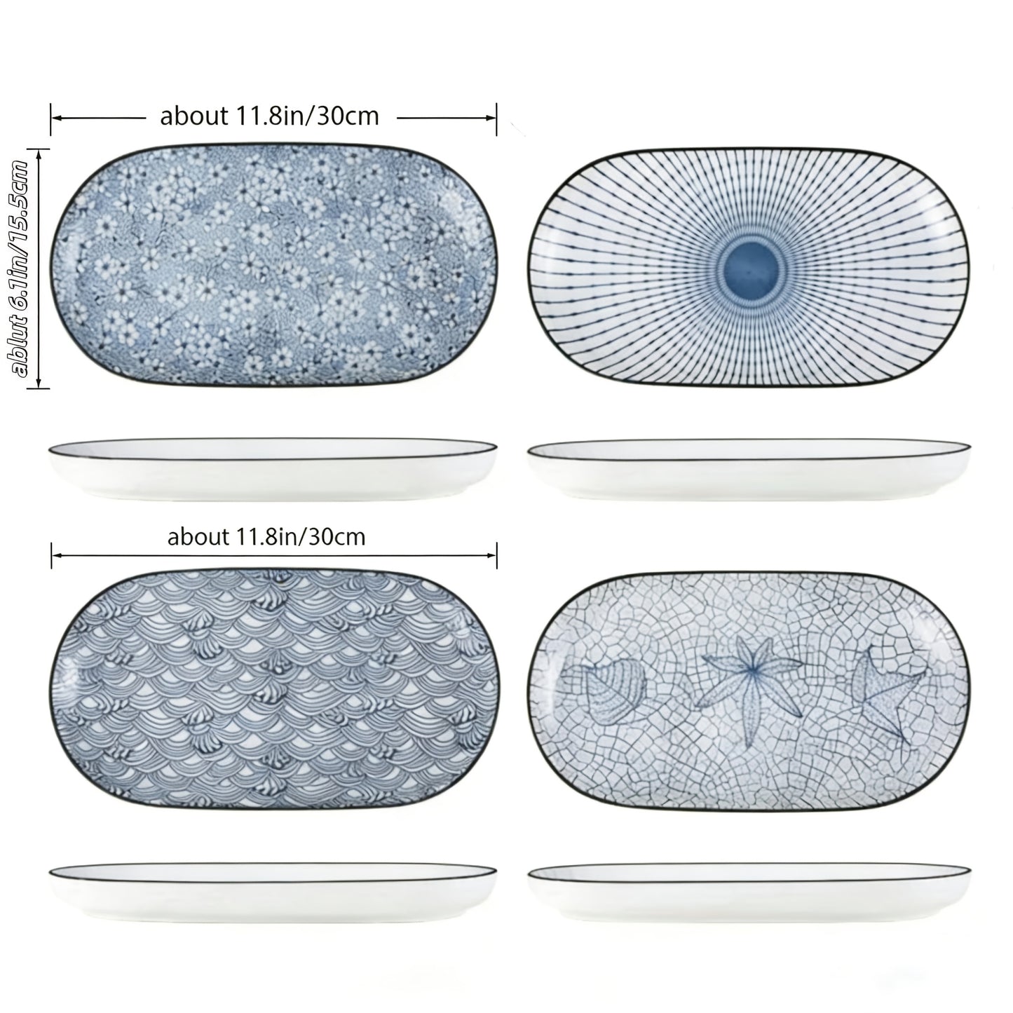 Japanese Blue White Porcelain Fish Plates Set of 4 – 12 Inch Ceramic Serving Plates, Microwave & Oven Safe Steaming Baking Tableware