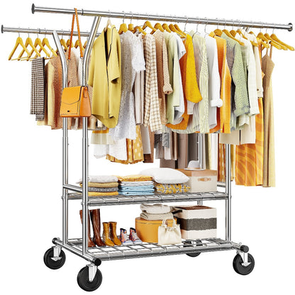 Heavy Duty Clothes Rack 630lbs Double Rod Rolling Garment Rack with Wheels Adjustable Height Width Freestanding Portable Clothing Stand with Bottom Shelves for Bedroom Closet Laundry Room Silver