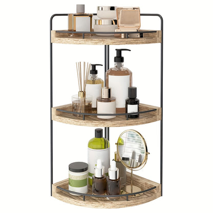 3-Layer Rustic Corner Countertop Storage Rack – 16.93" Wooden Vanity Organizer & Space-Saving Shelf for Bathroom, Kitchen & Bedroom – Farmhouse Corner Shelf for Countertop Display & Organization