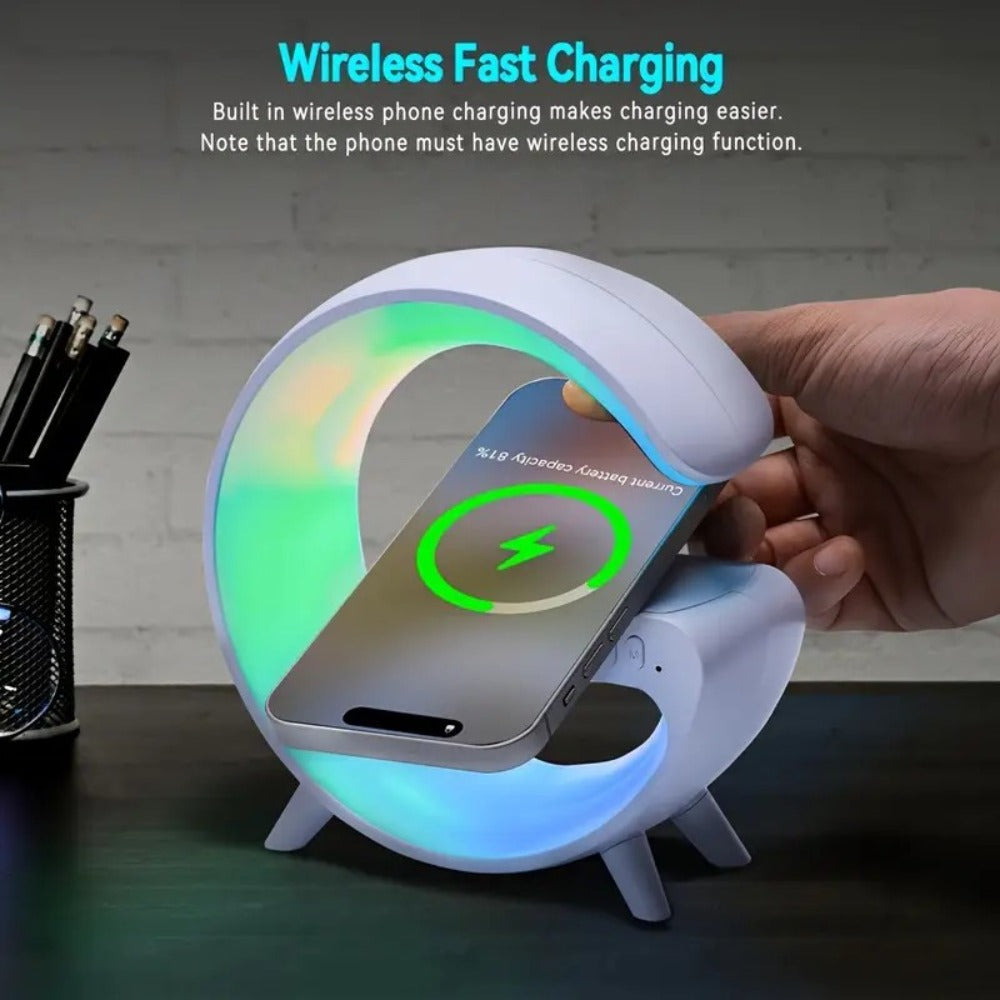 Wireless Charger with RGB Night Light – 4-in-1 Bluetooth Speaker Alarm Clock Wake Up Light, 256 RGB Colors, Qi Fast Charging for iPhone Samsung, Bedside Nightstand Lamp
