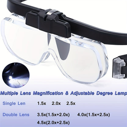 Headband Magnifier with LED Light Hands Free Illuminated Head Magnifying Glass Up to 4.5X Dual Lens Slots for Reading Jewelry Making Watch Repair Soldering Close Up Work