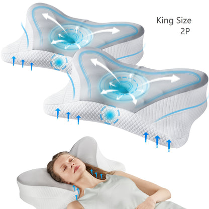 Memory Foam Cervical Pillow Ergonomic Contour Neck Support Orthopedic Bed Pillow for Side Back Stomach Sleepers with Cooling Pillowcase Queen King