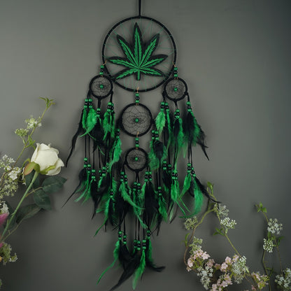 Bohemian Dream Catcher with Feathers & Leaf Embroidery – Boho Wall Hanging Decor for Bedroom, Bedside, Cabin & Living Room – Handcrafted Woven Dreamcatcher Gift for Women and Men