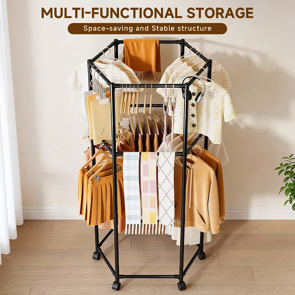 Rolling Hexagon Clothes Drying Rack 1 or 2 Layer – Sturdy Metal Floor Stand with Wheels, Multi-Bar & 10 Clips, Portable Laundry Rack for Bedroom, Balcony & Dorm
