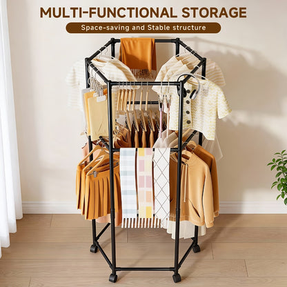 Rolling Hexagon Clothes Drying Rack 1 or 2 Layer – Sturdy Metal Floor Stand with Wheels, Multi-Bar & 10 Clips, Portable Laundry Rack for Bedroom, Balcony & Dorm